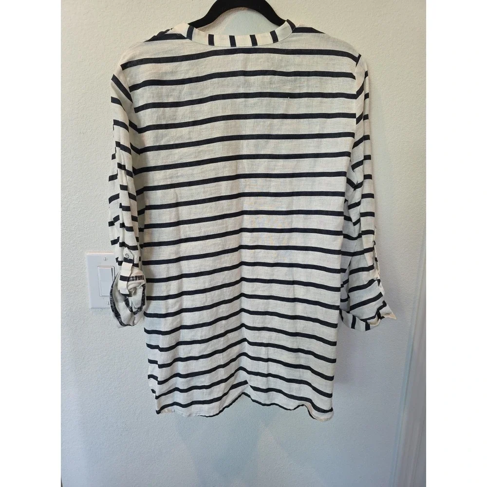 Zara Striped 100% LINEN SHIRT NAVY WHITE Sz L NWOT Quiet Luxury Euro Summer - Picture 7 of 7